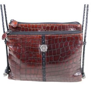 Brighton BROWN CROCO REAL LEATHER WOVEN STRAP TWO COMPARTMENT XBODY SHOULDER BAG